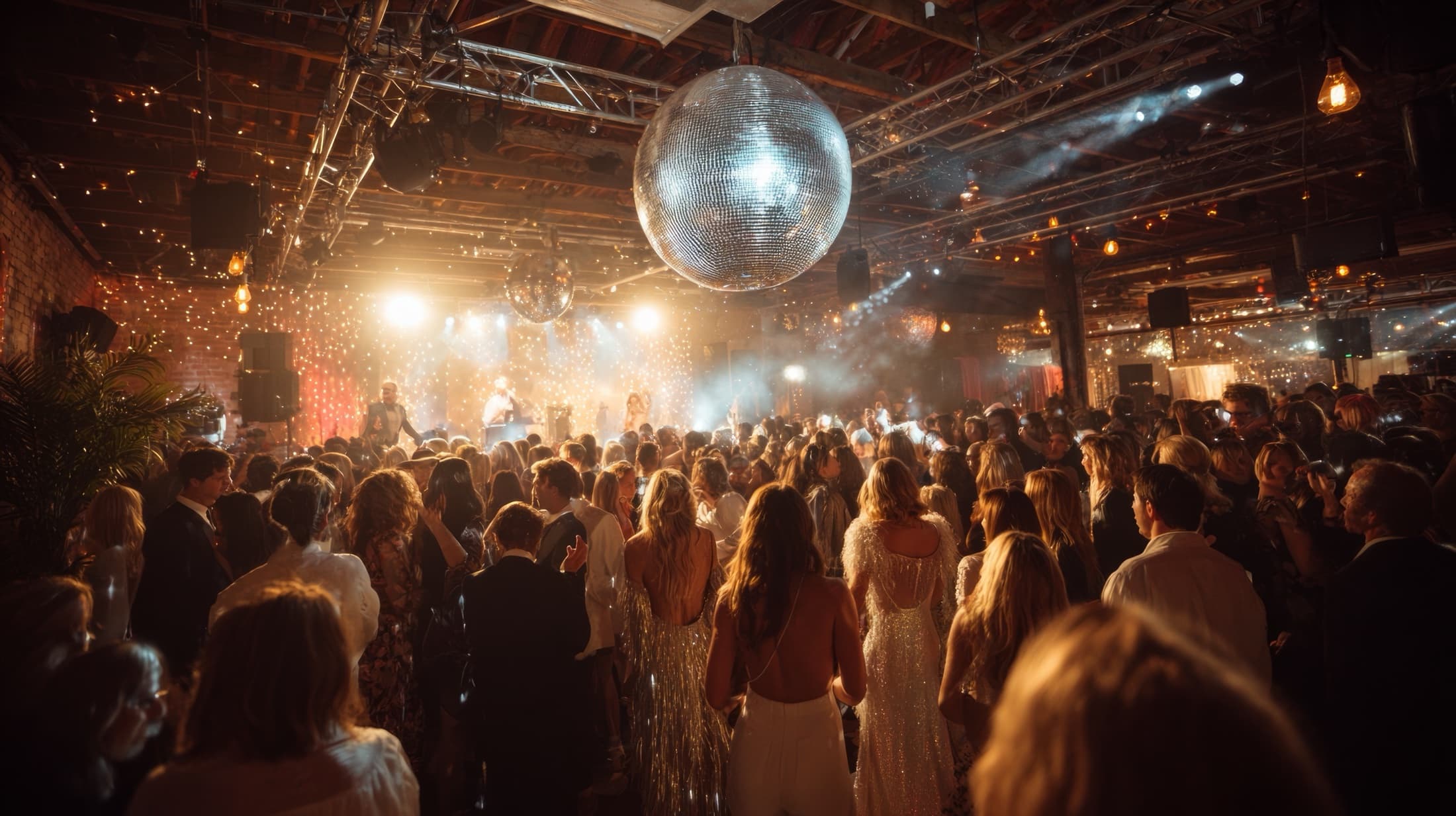 Disco ball above a dancefloor