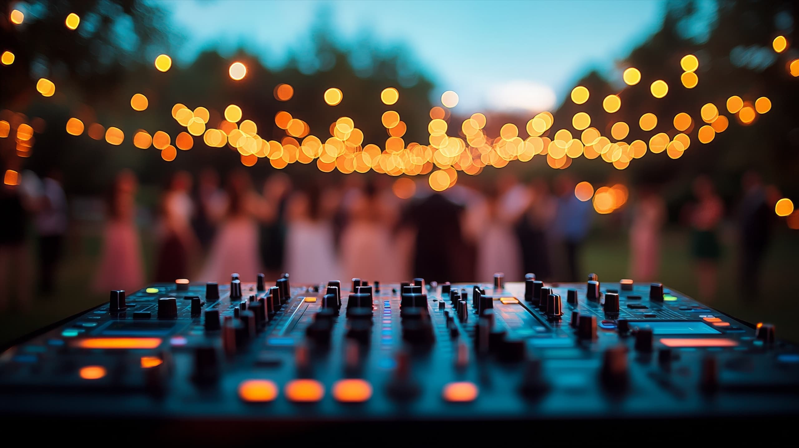 Wedding DJ decks overlooking a celebration