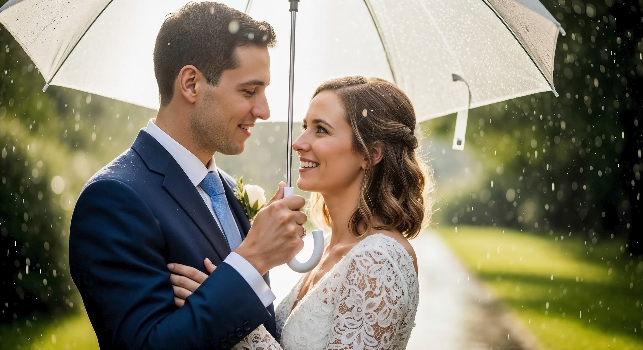 Wedding couple under an umbrella